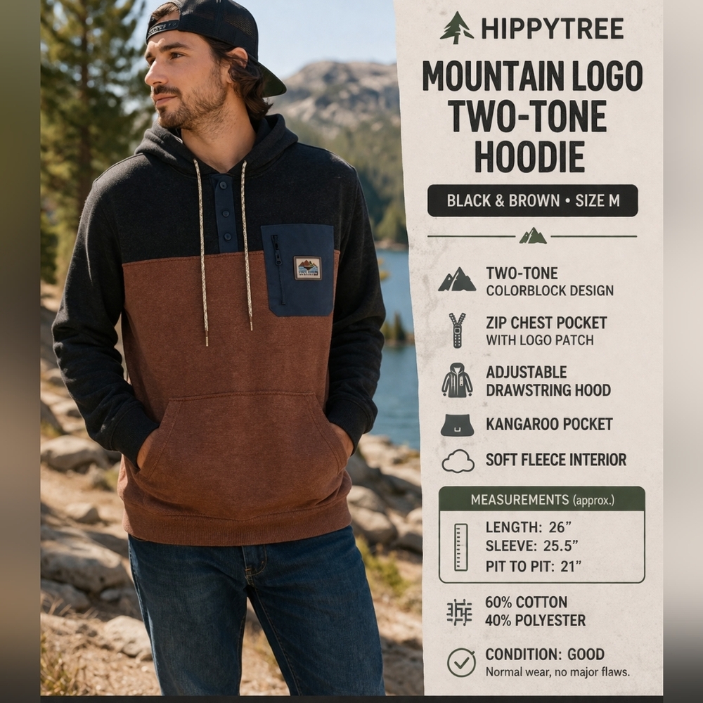 Hippy Tree Mountain Logo Two-Tone Hooded Pullover Shirt - Black & Brown size M